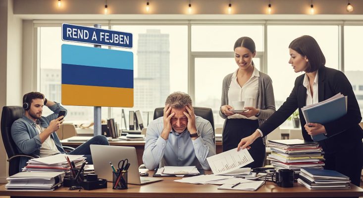 Stresszes irodai jelenet: túlterhelt férfi ül papírokkal teli íróasztalnál, miközben kollégái feladatokat adnak neki, háttérben „Rend a fejben” tábla látható.